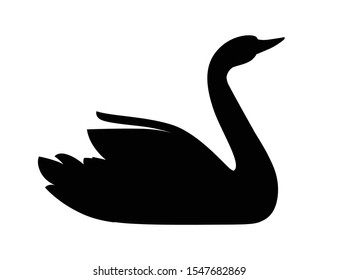 Black silhouette swan largest flying bird swim on water cartoon animal design flat vector illustration isolated on white background