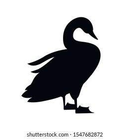 Black silhouette swan largest flying bird stand on ground cartoon animal design flat vector illustration isolated on white background