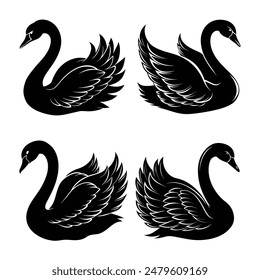 Black Silhouette Swan Vector Illustration on White Background