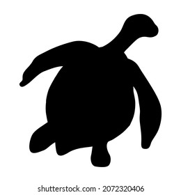 Black silhouette of a swimming turtle isolated on white background. The shadow of a sea animal. Contour monochrome drawing of a tortoise. Sea turtle icon, symbol. View from above. Vector illustration
