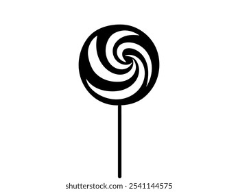 Black Silhouette of a Swirled Lollipop Isolated on a White Background. Concept of Sweet Candy, Confectionery Treat, Minimalist Sweets, Dessert Illustration. Print, Icon, Design Element