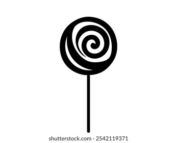 Black Silhouette of a Swirled Lollipop Isolated on a White Background. Concept of Sweet Candy, Confectionery Treat, Minimalist Sweets, Dessert Illustration. Print, Icon, Design Element