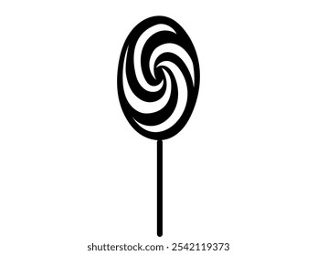 Black Silhouette of a Swirled Lollipop Isolated on a White Background. Concept of Sweet Candy, Confectionery Treat, Minimalist Sweets, Dessert Illustration. Print, Icon, Design Element