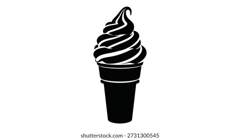 Black silhouette of a swirled soft serve ice cream cone; its stark outline is a distinctive feature.