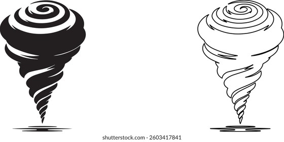 Black silhouette of a swirling tornado, white background