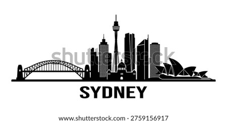 A black silhouette of the Sydney skyline in a simple graphic style.