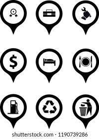 black silhouette symbols for hotel gas pump restaurant bank recycle garbage bin and service center