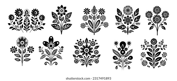 Schwarze Silhouette symmetrische Blumen. Skandinavische Volkskunst, Vektorgrafik. Kunstzeichnung mit Blumenkomposition.