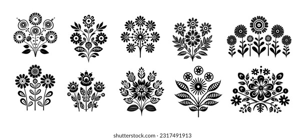 Schwarze Silhouette symmetrische Blumen. Skandinavische Volkskunst, Vektorgrafik. Kunstzeichnung mit Blumenkomposition.