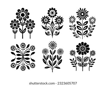 Black silhouette symmetrical flowers. Scandinavian folk art vector illustration. Floral composition art drawing.