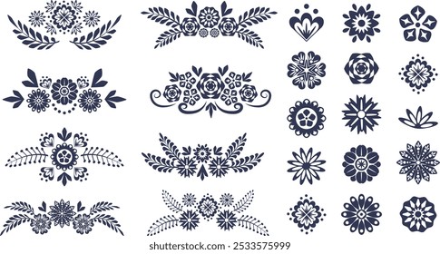 Black silhouette symmetrical flowers. Scandinavian folk art black silhouette symmetrical flowers. Flower composition border line. Decorative elements for weddings, holidays, accessories