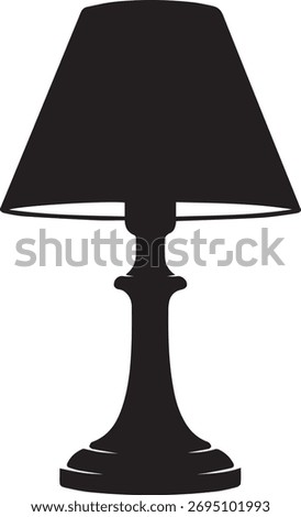 A black silhouette of a table lamp with a conical shade, isolated on a clean white background, showcasing its classic design.
