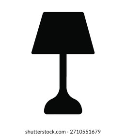 Una silueta negra de una lámpara de mesa con un tono cónico y una base curva sobre un fondo blanco.