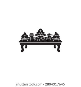 Black silhouette of a table with stacked bowls, fruits, and teapots
