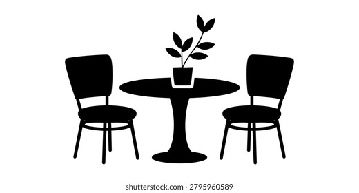 Black silhouette of table and two chairs with potted plant furniture  in white background