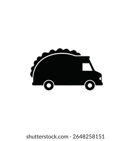 A black silhouette of a taco truck is shown against a white background The truck is depicted in profile view with a stylized taco shape on top. The style is simple and flat.