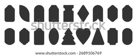 Black silhouette tag set. Various geometric frame shapes. Simple forms rectangle, circle oval, heart triangle, diamond unique label design. Price tags, labels, badges ticket card and sticker template