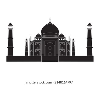 Silueta negra del mausoleo del Taj Mahal en Agra, India. Estilo de caricatura plano, punto de referencia histórico, punto de referencia, ilustración vectorial. Vector de stock