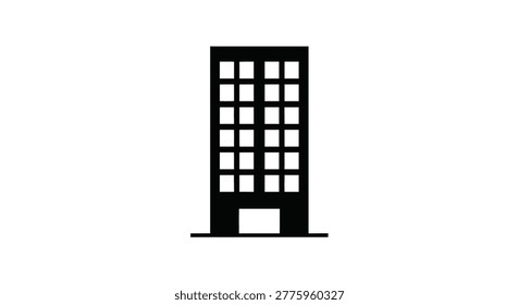 A black silhouette of a tall building with multiple windows is shown against a plain white background.