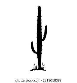 A black silhouette of a tall cactus with multiple arms standing in a desert setting, emphasizing arid environment and desert flora.