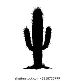 Black silhouette of a tall cactus with multiple arms on a white background, emphasizing desert flora and arid landscape symbolism.