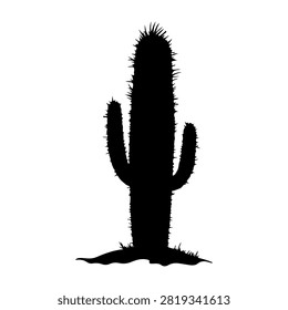 Black silhouette of a tall cactus with multiple arms, set against a plain white background, emphasizing desert flora and arid landscape themes.