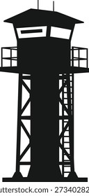 Black silhouette of a tall guard tower with windows and a ladder white