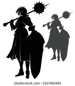 A Black Silhouette Of A Tall Knight Girl With A Huge Spiked Mace Morgenstern On Her Shoulder, And A Large Shield. 2d Isolated Vector Art
