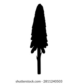 A black silhouette of a tall, leafy tree with a thick trunk and abundant foliage, isolated on a white background.
