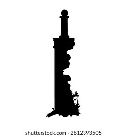A black silhouette of a tall lighthouse tower standing upright against a plain white background, emphasizing its structure and height.