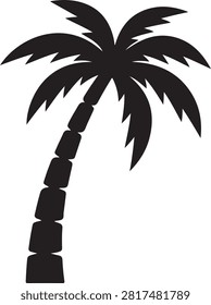 A black silhouette of a tall palm tree with a segmented trunk and long fronds isolated on a white background, for applications