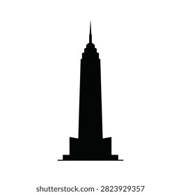 Black silhouette of a tall skyscraper building on a white background