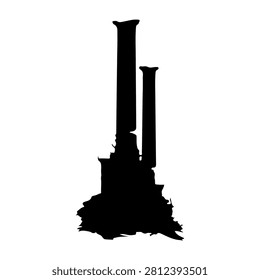 A black silhouette of a tall, slender tower standing on a rocky base against a plain white background, emphasizing its architectural shape and height.