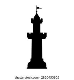 A black silhouette of a tall tower with a flag at the top, set against a plain white background, emphasizing architectural design and structure.