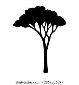 A black silhouette of a tall tree with lush, dense foliage and a sturdy trunk, set against a plain background, emphasizing natural beauty and growth.
