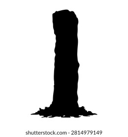 A black silhouette of a tall tree trunk with textured bark against a plain white background, emphasizing natural form and structure.