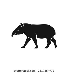 A black silhouette of a tapir walking from left to right on a white background