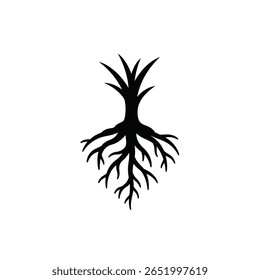 A black silhouette of a taproot plant is centrally positioned against a white background The image is a simple vector graphic with a minimalist style.