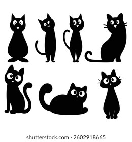 Black silhouette, tattoo of cats on white isolated background. Vector