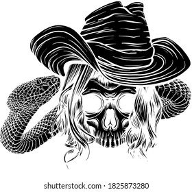 black silhouette Tattoo with skull and snake. Isolated vector illustration.