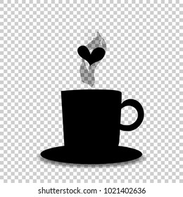 Black silhouette of tea or coffee cup with steam and heart isolated on transparent  background. Vector illustration, icon, logo, sign, symbol of mug for card, invitation, menu, restaurant design. 