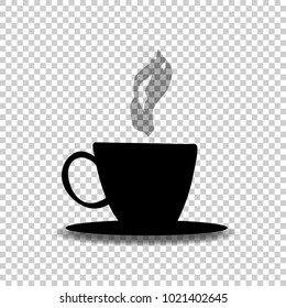 Black silhouette of tea or coffee cup with smoke isolated on transparent  background. Vector illustration, icon, logo, sign, symbol of hot beverage mug for card, invitation, menu, restaurant design. 