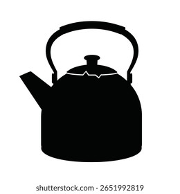 Black silhouette of a tea kettle with a slightly chipped lid against a white background simple vector graphic