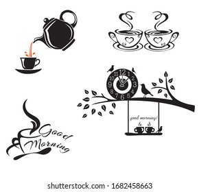 Black silhouette of Tea Pot. Birds on a Tree branch. Good Morning. Vector illustration