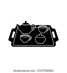 Uma silhueta preta de um jogo de chá, incluindo um bule de chá, duas xícaras de chá e uma tigela de açúcar, tudo organizado perfeitamente em uma bandeja de servir.