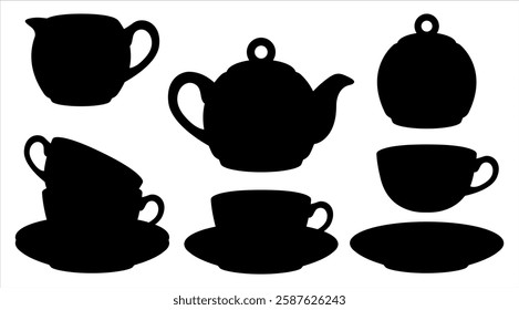 Black silhouette tea set. Teapot, milk jug, sugar bowl and cups and saucers.