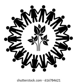 black silhouette teamwork human people circle with plant with branch and leafs vector illustration