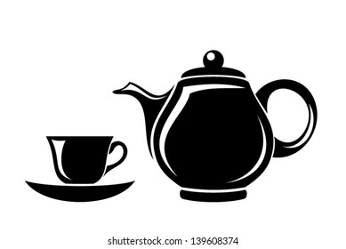 Black silhouette of teapot and cup. Vector illustration.