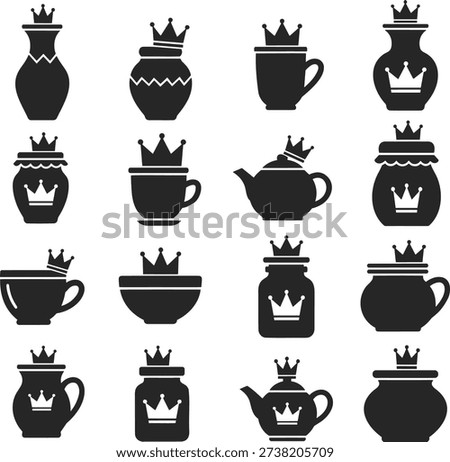Black silhouette teapots cups and jars adorned with delicate crown details isolated