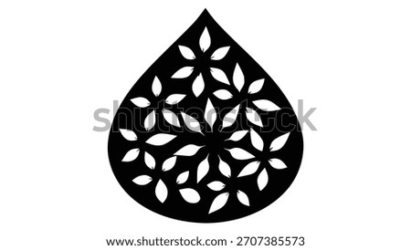 Black Silhouette of a Teardrop Shape Filled with White Leaf Patterns water drop leaves